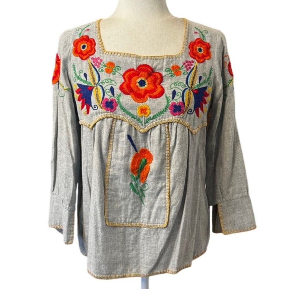 Sister Mary Stephanie Embroidered Floral Peasant Blouse XS Gray Boho Folk Art